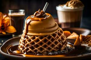 une gaufre avec caramel sauce et café sur une plaque. généré par ai photo