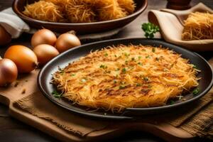 une assiette de patates et des œufs sur une tableau. généré par ai photo