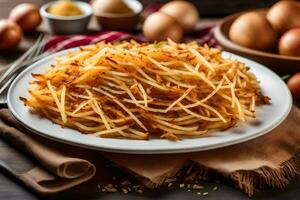 une assiette de frit patates avec des œufs sur une en bois tableau. généré par ai photo