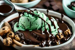 Chocolat la glace crème avec menthe Chocolat puce biscuit pâte. généré par ai photo