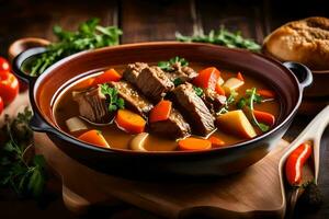 une bol de du boeuf Ragoût avec des légumes et pain. généré par ai photo