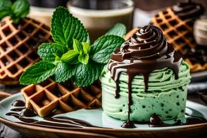 une gaufre avec Chocolat et menthe sur Haut. généré par ai photo