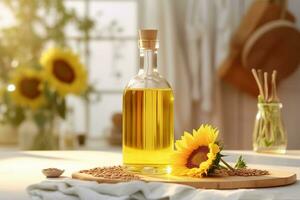 biologique tournesol pétrole dans une petit verre pot avec tournesol Frais fleurs sur le tableau. ai généré photo