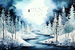 hiver pittoresque aquarelle paysage. ai art photo