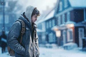 ai généré une triste homme des stands sur une rue dans hiver sur une bleu lundi. ai généré. photo