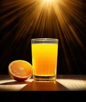 une verre de Frais Orange jus avec une citron tranche sur foncé ensoleillement Contexte de face vue ai génératif photo