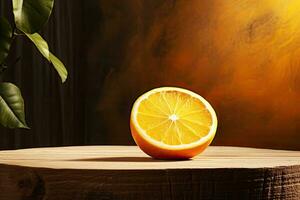 une citron tranche sur une en bois table dans le style de biologique nature, de face vue Contexte ai génératif photo