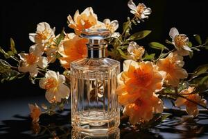 parfum bouteille avec fleur sur lumière rose arrière-plan, génératif ai. photo