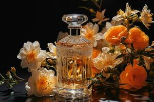 parfum bouteille avec fleur sur lumière rose arrière-plan, génératif ai. photo