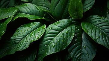 Contexte avec fermer vue sur tropical feuilles dans gouttes été fond d'écran avec jungle forêt tropicale humide. ai génératif photo