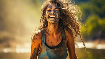 content souriant Jeune magnifique fille à le Holi Festival de couleurs. ai génératif photo