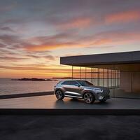 compact suv voiture et moderne conception sur béton route à le mer de magnifique le coucher du soleil Contexte , de face vue de luxe Nouveau suv voiture, ai génératif photo