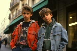 nostalgique Paris promenade copains dans le enchanteur des rues de le années 90. ai génératif photo