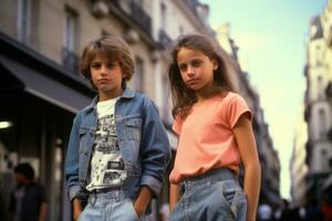 nostalgique Paris promenade copains dans le enchanteur des rues de le années 90. ai génératif photo