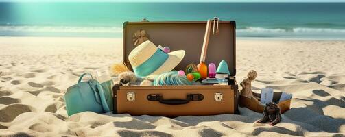 plage préparation, accessoires dans valise sur sable. génératif ai photo