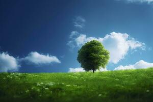 vert champ et arbre sur bleu ciel. ai génératif photo