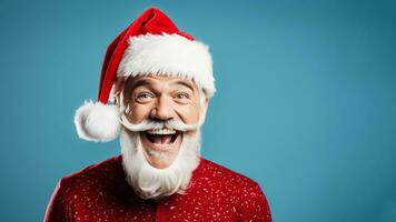 portrait de de bonne humeur Père Noël claus en riant et à la recherche à caméra isolé sur lumière bleu Contexte. marrant mature homme avec blanc barbe et moustache dans Père Noël chapeau et rouge veste. ai généré photo