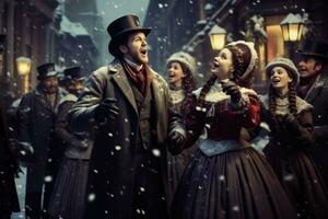 une groupe de chanteurs habillé dans époque victorienne tenue, en chantant sur une couvert de neige rue, évoquant le nostalgie de passé Noël traditions. photo