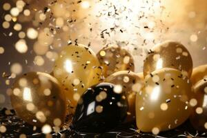 Nouveau année des ballons or et argent , confettis en volant sur or Contexte. génératif ai photo