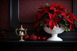 mettant en valeur poinsettias comme partie de vacances Accueil décor, tel comme orner manteaux, appuis de fenêtre, et escaliers. génératif ai photo