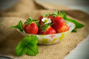 mûr rouge des fraises dans une bol sur une toile de jute nappe de table photo