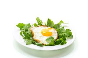 un frit Oeuf avec Roquette et salade dans une assiette photo