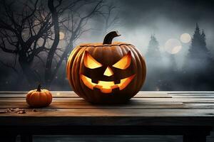 Halloween citrouille tête jack lanterne sur en bois table avec brumeux arrière-plan, un effrayant Halloween citrouille, jack o lanterne, avec un mal visage et yeux sur une en bois banc, ai généré photo