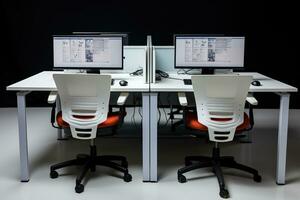 séparé postes de travail dans le bureau. les tables et confortable chaises. généré par artificiel intelligence photo