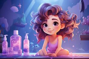 bambin fille avec bouteilles avec enfants peau se soucier produits de beauté dans dessin animé style. bébé peau se soucier. généré par artificiel intelligence photo