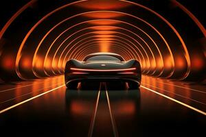 rapide voiture dans une tunnel avec brillant rouge lumière. le dernier haute vitesse les technologies. généré par artificiel intelligence photo