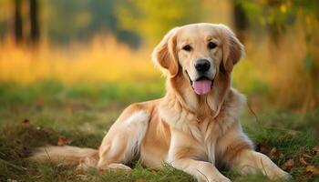 d'or retriever chien séance dans le herbe à le coucher du soleil ai généré photo