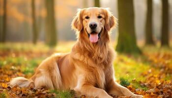 d'or retriever chien séance dans le herbe à le coucher du soleil ai généré photo