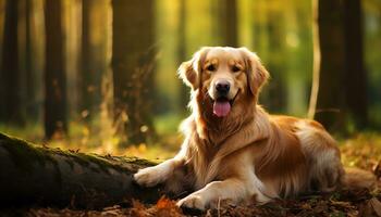 d'or retriever chien séance dans le herbe à le coucher du soleil ai généré photo