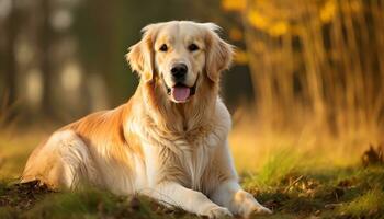 d'or retriever chien séance dans le herbe à le coucher du soleil ai généré photo