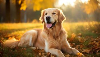 d'or retriever chien séance dans le herbe à le coucher du soleil ai généré photo