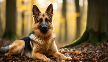 allemand berger chien pose dans le herbe à le coucher du soleil ai généré photo