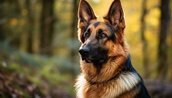 allemand berger chien pose dans le herbe à le coucher du soleil ai généré photo