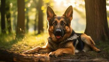 allemand berger chien pose dans le herbe à le coucher du soleil ai généré photo