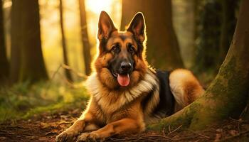 allemand berger chien pose dans le herbe à le coucher du soleil ai généré photo