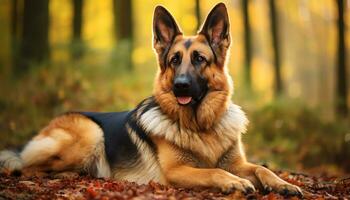 allemand berger chien pose dans le herbe à le coucher du soleil ai généré photo