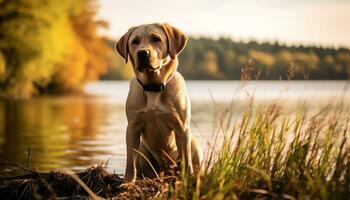 allemand berger chien pose dans le herbe à le coucher du soleil ai généré photo