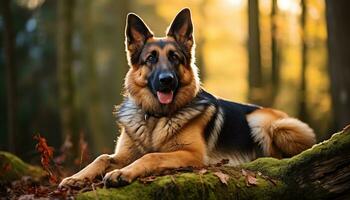 allemand berger chien pose dans le herbe à le coucher du soleil ai généré photo