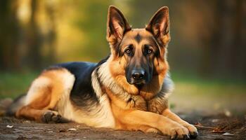 allemand berger chien pose dans le herbe à le coucher du soleil ai généré photo