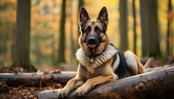 allemand berger chien pose dans le herbe à le coucher du soleil ai généré photo