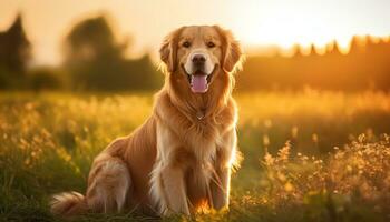 une chien est séance dans le herbe à le coucher du soleil ai généré photo