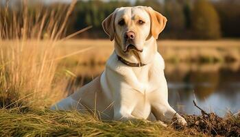 une Jaune laboratoire chien pose dans le herbe ai généré photo