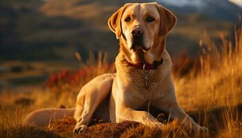 une chien est séance dans le herbe à le coucher du soleil ai généré photo