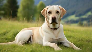 une Jaune laboratoire chien pose dans le herbe ai généré photo