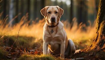 une Jaune laboratoire chien pose dans le herbe ai généré photo