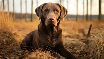 une Jaune laboratoire chien pose dans le herbe ai généré photo